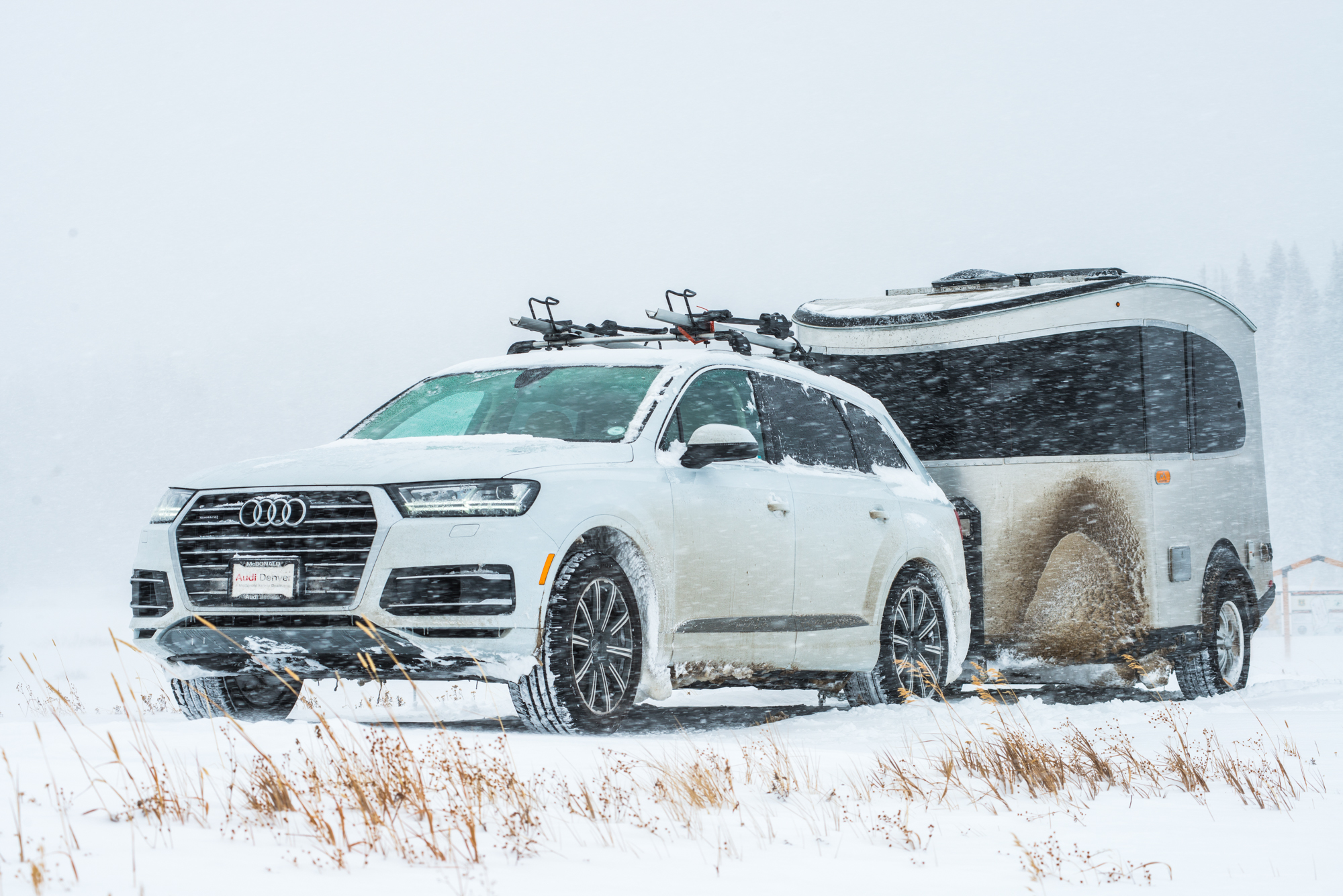 Airstream towed through snow