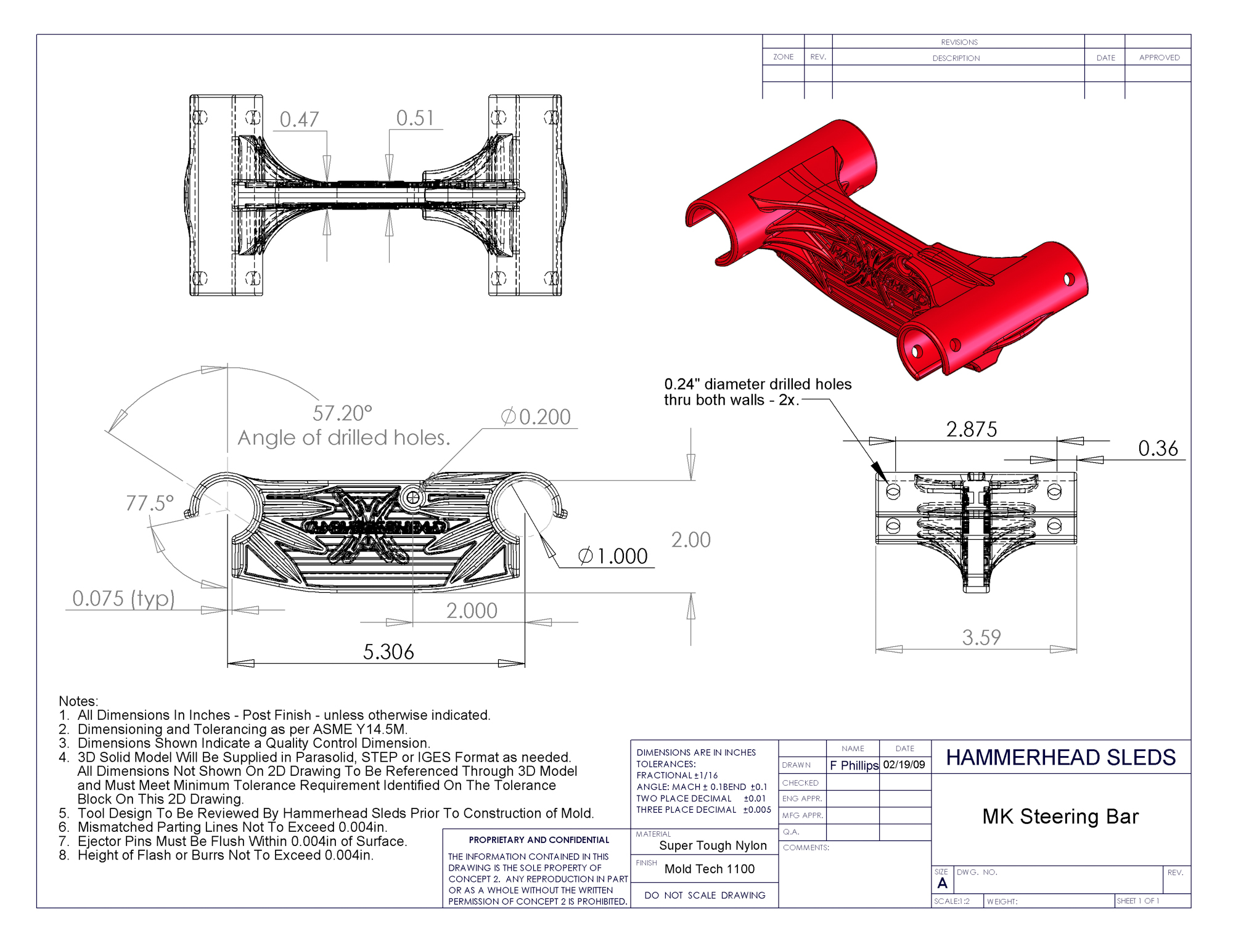 Injection-mold tooling drawing for the Hammerhead Sleds MK steering bar