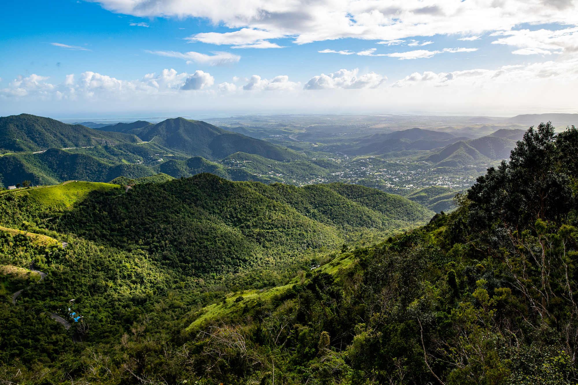 Lush tropical green mountains rolling down toward the coast