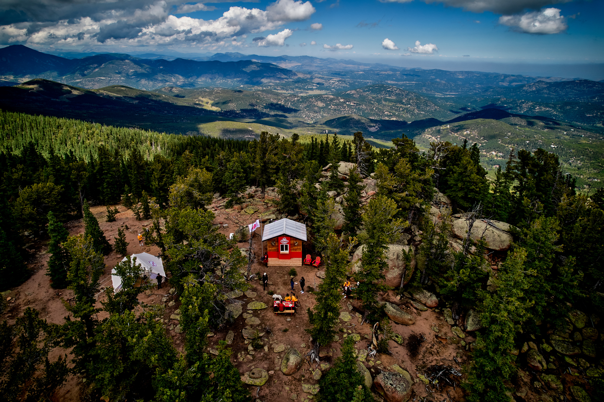 Aerial view of an event setup on the mountain