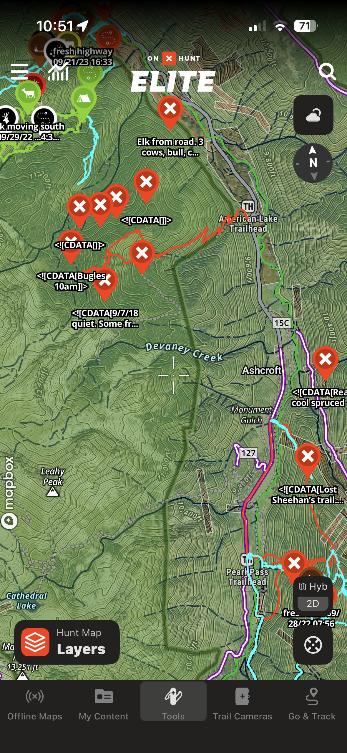 onX Hunt map with scouted waypoints and access routes
