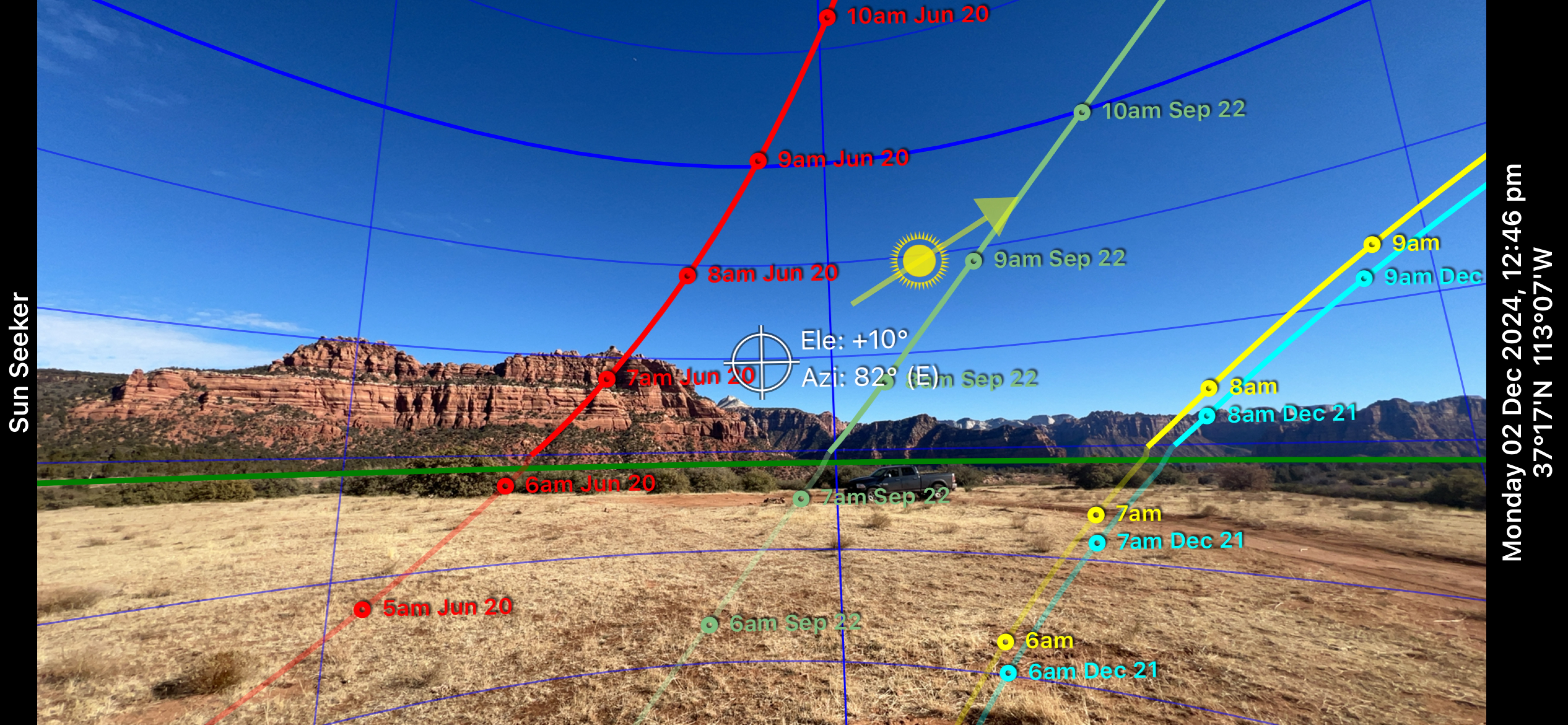 Sun Seeker app tracking the sun path over a canyon river at dawn