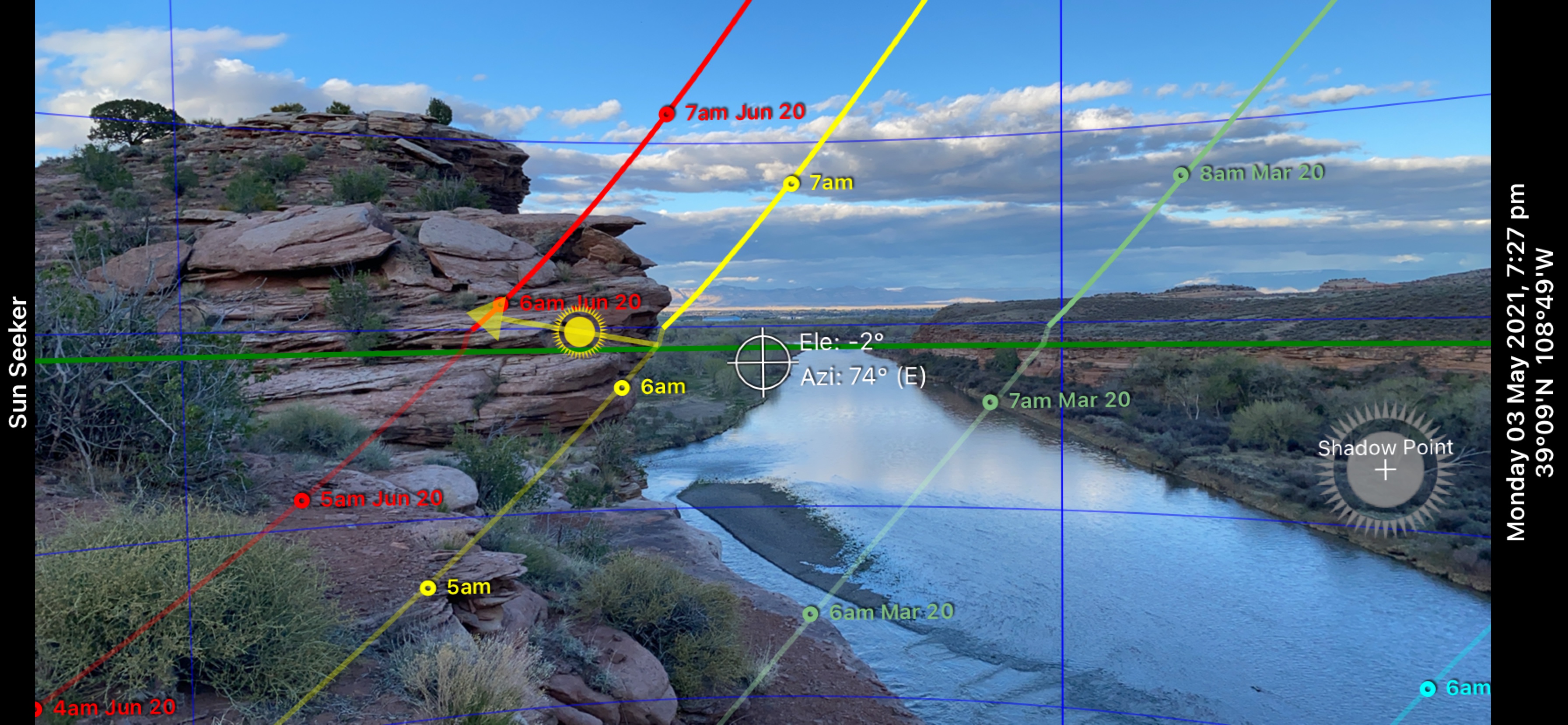 Sun Seeker app tracking the sun path over red rock country